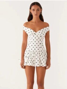 Peppermayo Exclusive Endless Romance Off Shoulder Mini Dress - White Polka Dot